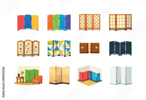 Colorful Folding Screen Icons. Folding screen. Colorful flat vector icons set of folding screen: three-panel screen, four-panel screen, lattice pattern panel,