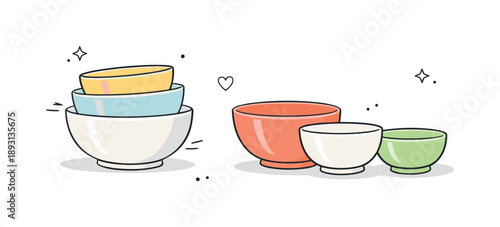 Minimalist Ceramic Bowls. Ceramic mixing bowls. A clean arrangement of ceramic bowls stacked and placed side by side. Calm kitchen mood, everyday cooking