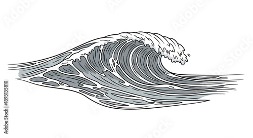 Powerful Ocean Wave Breaking with Sea Foam, Hand-Drawn Engraving Style Illustration, Isolated White Background
