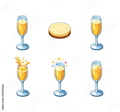 Sparkling Wine Icons. Sparkling Wine. Isometric flat vector icons set of Sparkling Wine: flute with sparkling wine bubbles, champagne foam surface detail,