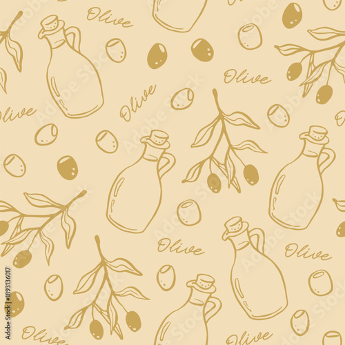 Whimsical seamless hand drawn pattern with ink illustrations of olives and olive oil jars on beige background
