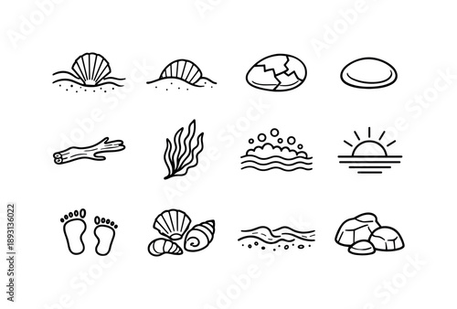 Beach Shell Line Icons. Beach Shells. Line icon set of Beach Shells: shell on sand, half buried shell, cracked shell, smooth pebble, driftwood stick, seaweed