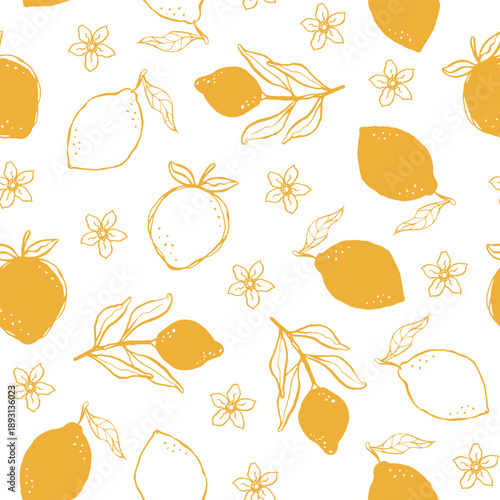 Hand drawn whimsical ink pattern with lemons and lemon flowers illustration in yellow color on white background