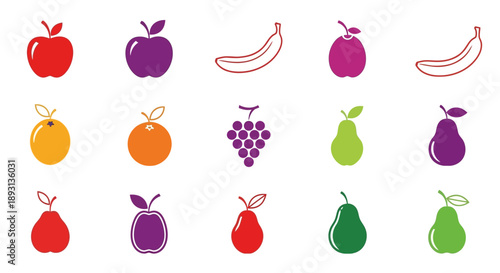 Vibrant and Diverse Fruit Icons Set with Apples, Bananas, Oranges, Grapes, Pears, and Plums, isolated white background