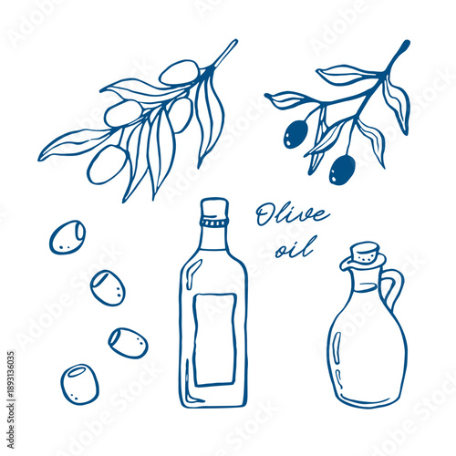 Hand drawn whimsical vector set of olives ink illustrations on white background