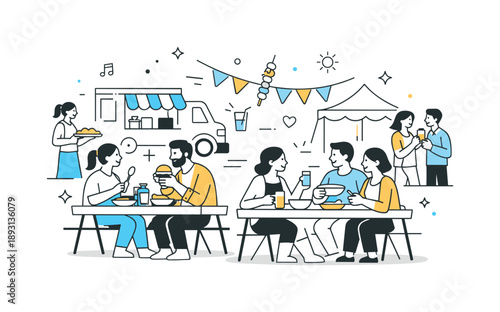 Culinary Connection Festivities. Food festivals and culinary events. Visitors sitting at shared tables, enjoying meals and talking comfortably with each other.