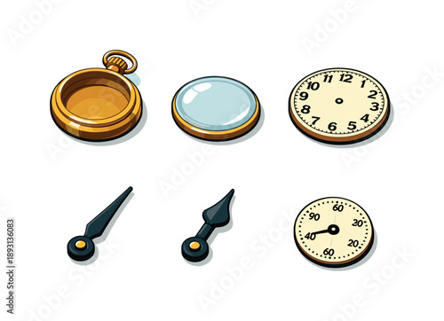 Vintage Timepiece Icons. Vintage timepiece. Isometric flat vector icons set of vintage timepiece: brass pocket watch body, glass crystal cover, classic clock