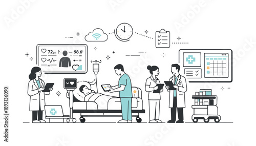 Smart Hospital Harmony. Smart hospital environment. Connected devices, screens, and staff work together smoothly, showing efficient and coordinated care. The