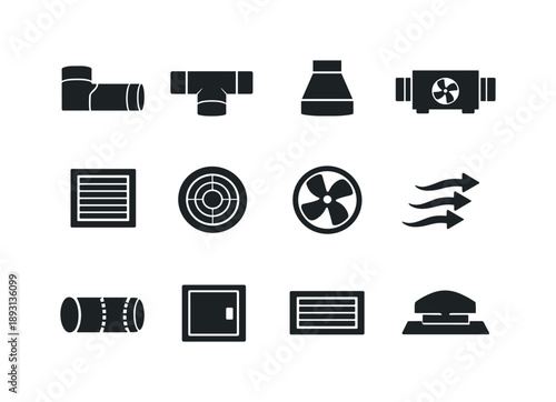 HVAC Duct Icons. HVAC Duct System. Solid icon set of HVAC Duct System: main air duct, branch duct, reducer duct, air handler unit, ventilation grille, ceiling