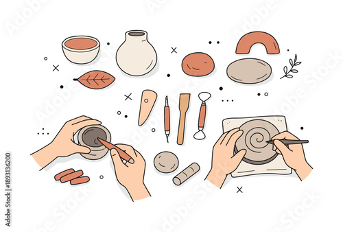 Pottery Crafting Tools. Pottery class illustration. A top-down view of clay pieces, sculpting tools, and hands working, showing tactile detail, flow, and