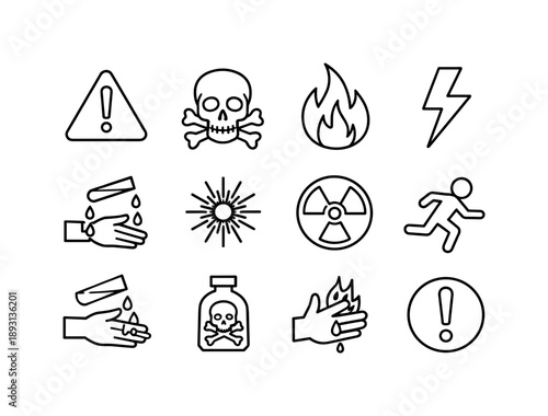Hazard Warning Icons. Hazard warnings. Line icon set of Hazard warnings: warning triangle, skull symbol, fire hazard, electric shock, corrosive liquid, laser