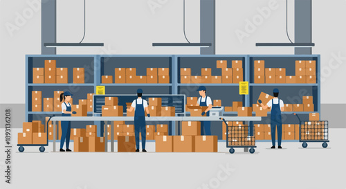 Warehouse Workers Sorting and Packing Cardboard Boxes on Shelves Vector Illustration