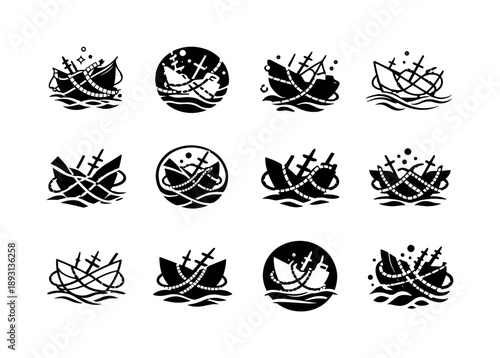 Sunken Ship Logos. sunken ships. Icon set. Set Logo of sunken ships: tangle of ropes. harmonious logo variations of the same emblematic concept, each with