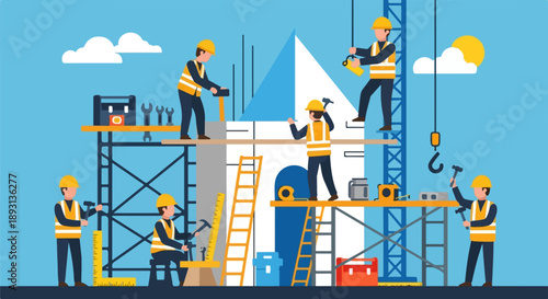 Construction Workers Building House with Scaffolding and Tools Vector Illustration