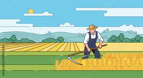 Flat Vector Illustration of Farmer Harvesting Wheat Field with Scythe