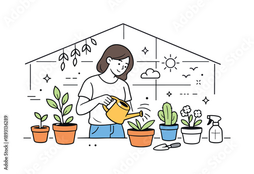 Mindful Greenhouse Care. Greenhouse plant care. Person gently watering indoor plants inside a modern greenhouse, focused and relaxed mood. Pots, watering can,