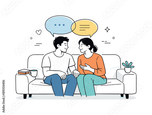 Modern Romantic Advice. Romantic relationship advice for millennials. A couple sitting together on a sofa, calmly talking and sharing thoughts, with soft