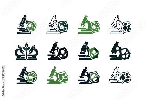 Botany Logo Collection. Botany. Icon set. Set Logo of Botany: microscope and plant cell. harmonious logo variations of the same emblematic concept, each with