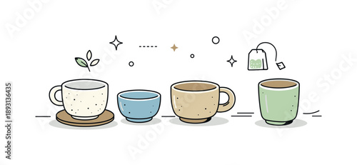 Minimalist Stoneware Tea Cups. Stoneware tea cups. A set of handmade stoneware tea cups arranged calmly on a table, subtle texture and natural imperfections