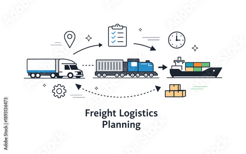 Efficient Freight Coordination. Freight logistics planning. Simplified trucks, railcars, and ships are arranged with arrows and icons, suggesting route