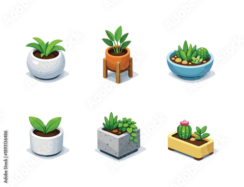 Indoor Planters Icons. Indoor planters. Isometric flat vector icons set of Indoor planters: modern round planter, plant pot on stand, ceramic bowl planter,