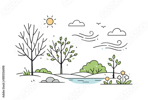 Spring's Subtle Awakening. Spring air and nature details. Bare trees mixed with early leaves, soft breeze lines and quiet sky. Peaceful mood of change and