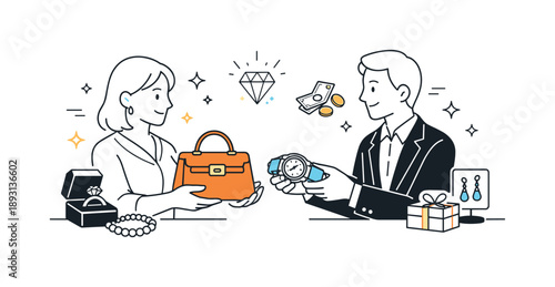 Luxury Trade Elegance. Trade in luxury goods. Elegant products like watches, handbags, and jewelry are exchanged in a calm, refined setting, suggesting