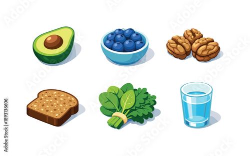 Brain Food Icons. Brain Food. Isometric flat vector icons set of Brain Food: avocado half, blueberries bowl, walnuts cluster, whole grain bread slice, green