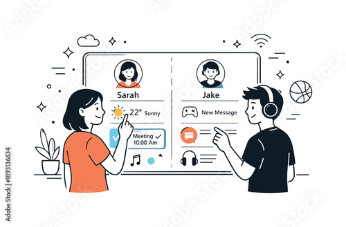 Interactive Smart Mirror. Smart mirrors and interactive home tech family use. A friendly home scene with two family members using a shared smart mirror that
