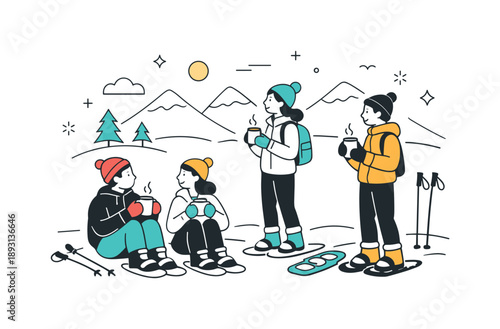 Winter Snowshoeing Break. Friends snowshoeing nature break. Group pausing to enjoy the scenery and drink warm beverages. Mindful rest and winter appreciation.