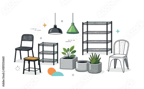 Industrial Chic Elements. Industrial interior elements. A composition of standalone objects like metal chairs, wire shelves, concrete planters, and pendant