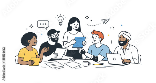 Diverse Teamwork Collaboration. Diversity at work. People with different appearances collaborating around a table, exchanging ideas and documents. Positive