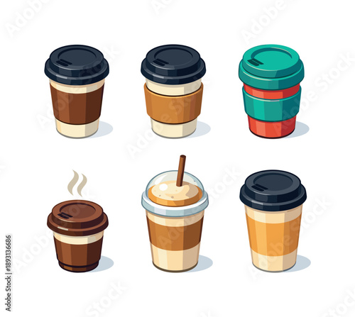 Isometric Coffee Icons. To-go coffee cup. Isometric flat vector icons set of to-go coffee cup: paper coffee cup with lid, takeaway coffee cup sleeve, reusable