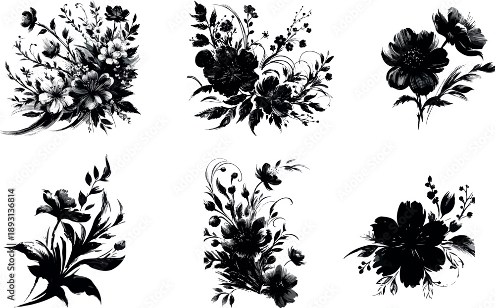 Fototapeta premium flower illustration with black brush floral silhouettes, featuring hand-drawn grunge textures and organic natural shapes. Sketch-painted spring flowers with leaves, branches, blossoms, and plants .
