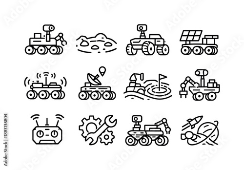 Space Rover Icons. Space rover vehicle. Line icon set of Space rover vehicle: robotic rover, planetary surface, exploration wheels, camera mast, solar power,