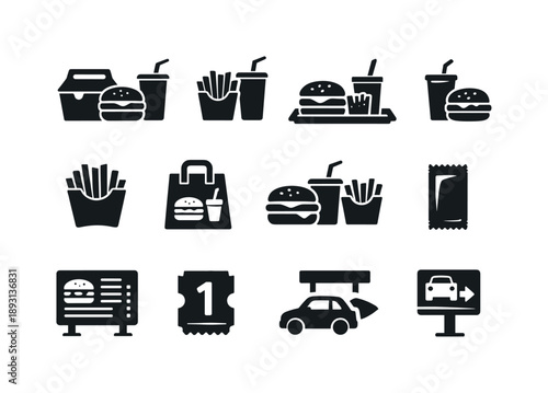 Fast Food Icons. Fast food combo. Solid icon set of Fast food combo: burger combo box, fries and soda, value meal, fast food tray, burger and drink, fries