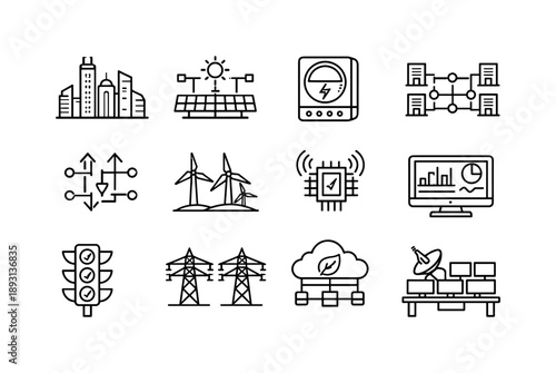 Smart City Energy Icons. Smart city energy illustration. Line icon set of Smart city energy illustration: smart city skyline, solar grid network, digital