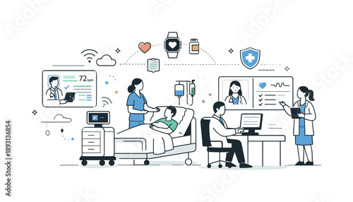 Smart Hospital Harmony. Smart hospital environment. Connected devices, screens, and staff work together smoothly, showing efficient and coordinated care. The