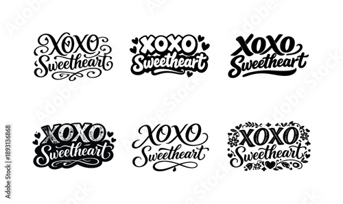 XOXO Lettering Styles. XOXO Sweetheart. Set lettering. harmonious lettering variations of the same emblematic concept, each with different artistic