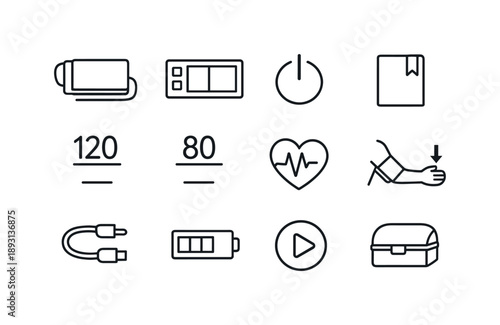 Blood Pressure Monitor Icons. Digital blood pressure monitor. Line icon set of digital blood pressure monitor: cuff, digital screen, power button, memory icon,