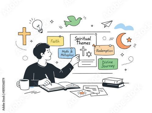 Spiritual Writing Inspiration. Religious symbolism in creative writing. Author arranging notes and ideas around spiritual themes, exploring narrative and