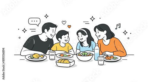Cozy Family Dinner. Family dinner bonding. Family leaning slightly toward each other while talking, cozy mood and emotional connection. Minimalist flat vector
