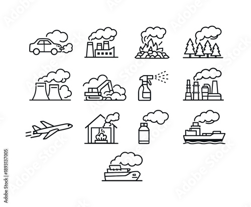 Air Pollution Icons. Air Pollution Sources. Line icon set of Air Pollution Sources: vehicle exhaust, factory chimney smoke, burning trash pile, wildfires