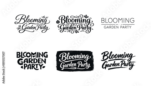 Garden Party Typography. Blooming garden party. Set lettering. harmonious lettering variations of the same emblematic concept, each with different artistic