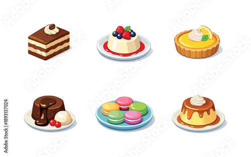 Sweet Treats Array. Sweet treats. Isometric flat vector icons set of sweet treats: slice of tiramisu, panna cotta with berries, lemon tart, chocolate lava