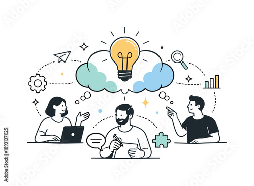 Creative Team Synergy. Team collaboration and brainstorming. An abstract editorial scene with idea icons connecting multiple characters, showing thoughts