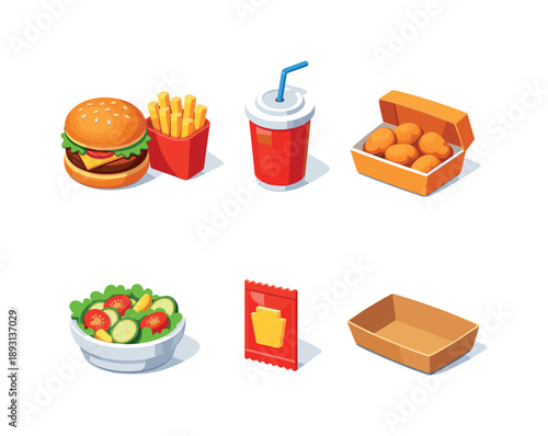 Isometric Fast Food Combo. Fast food combo. Isometric flat vector icons set of fast food combo: burger with fries, soda cup, chicken nuggets, side salad,