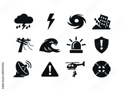 Destructive Weather Icons. Destructive weather storm. Solid icon set of destructive weather storm: dark storm cloud, lightning flash, rainstorm, hurricane