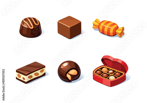 Colorful Confectionery Icons. Confectionery. Isometric flat vector icons set of confectionery: praline chocolate, fudge cube, caramel candy, nougat bar,