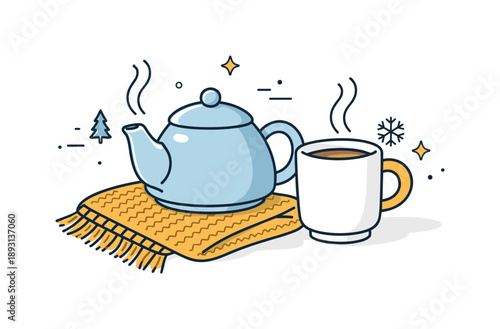 Cozy Winter Kitchen. Late winter kitchen objects. A cozy arrangement of a mug, teapot, and knitted cloth on a kitchen table, suggesting warmth during cold